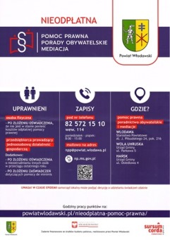 Ulotka nieodpłatna pomoc prawna. Logo Powiatu Włodawskiego, Stowarzyszenia Sursum Corda. W treści artykułu znajdują się informacje zawarte na ulotce.